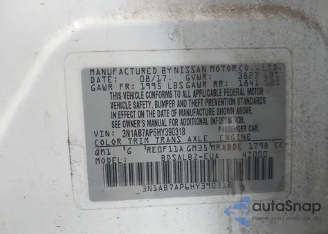 2017 Nissan Sentra S z USA, uszkodzony, nr VIN 3N1AB7AP6HY390318